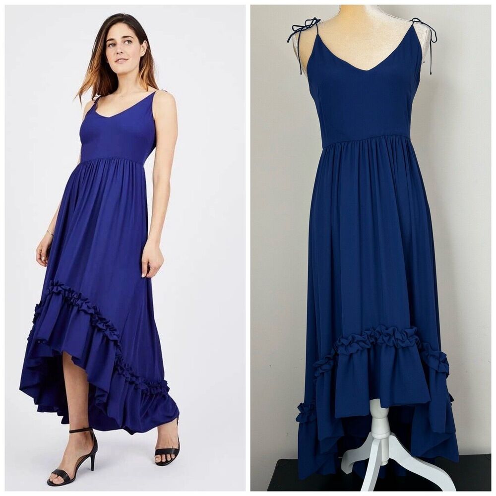 Belle Badgley Mischka Hi Low Ruffle Midi Dress Size 4 Royal Blue Shoulder Tie